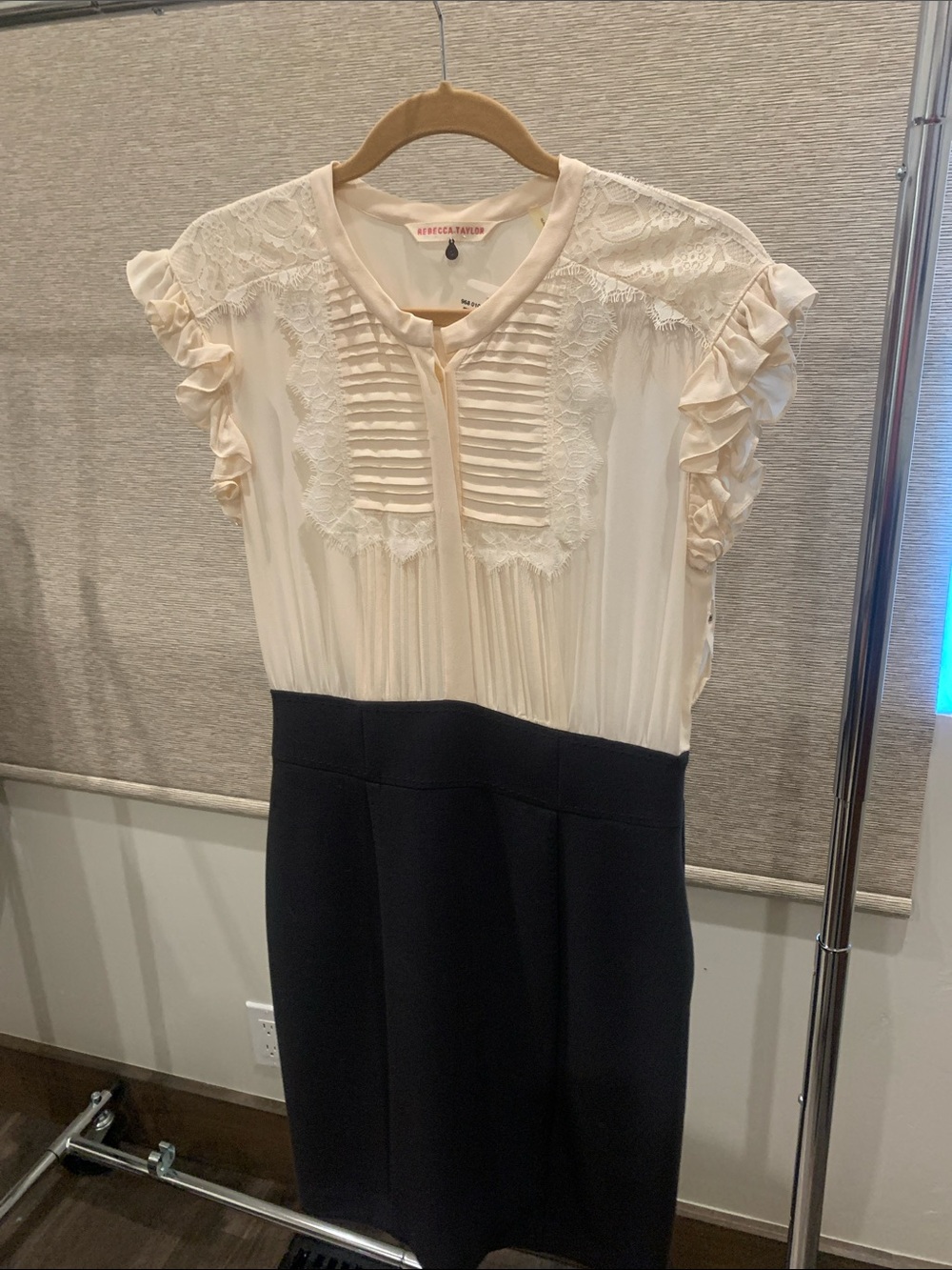 Rebecca Taylor Cream and Black Ruffle Bib Dress